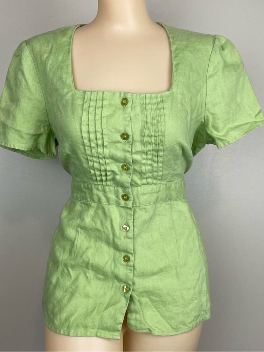 Choices Pale Green 100% Linen Petite Button-Front Blouse